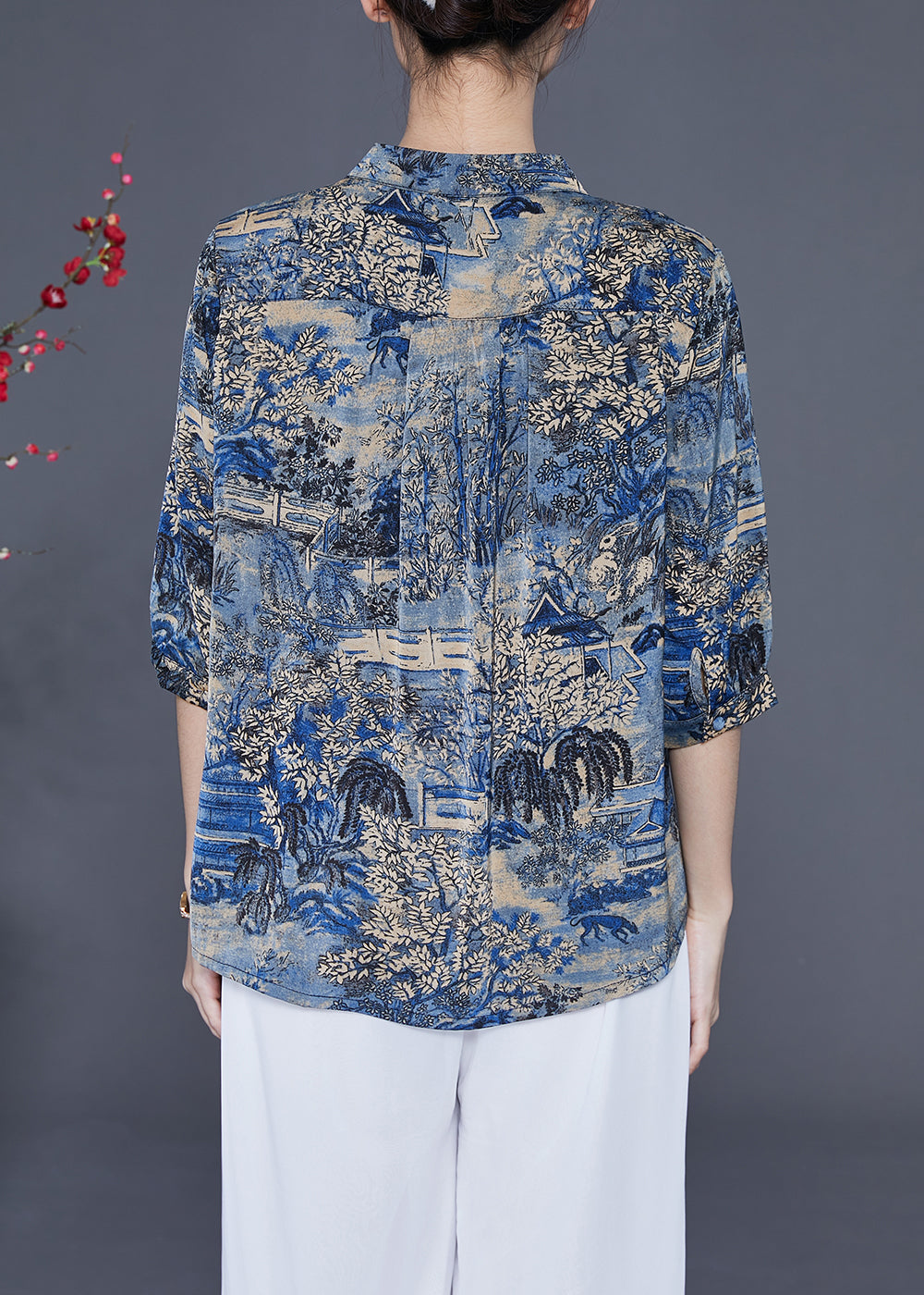 Women Blue Stand Collar Print Silk Shirt Tops Half Sleeve LY2351 - fabuloryshop