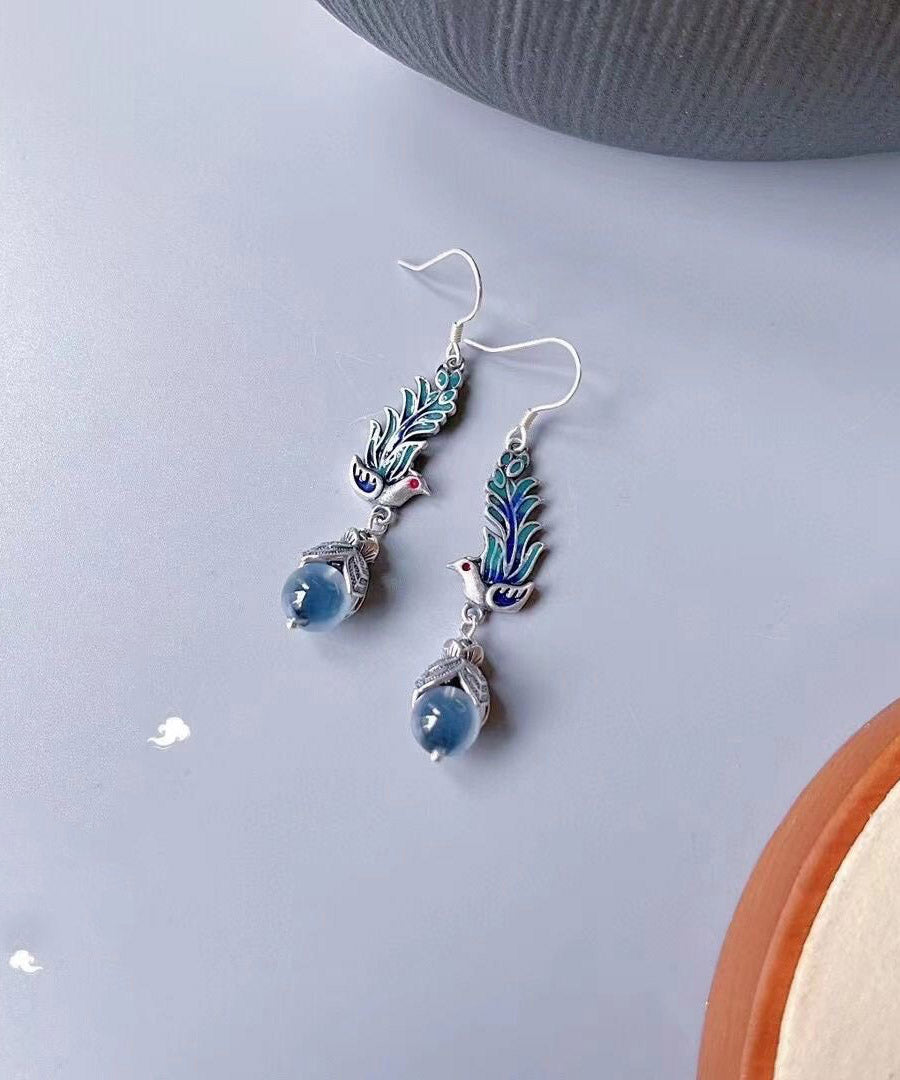 Women Blue Sterling Silver Cloisonne Enamel Phoenix Drop Earrings LY2312 - fabuloryshop