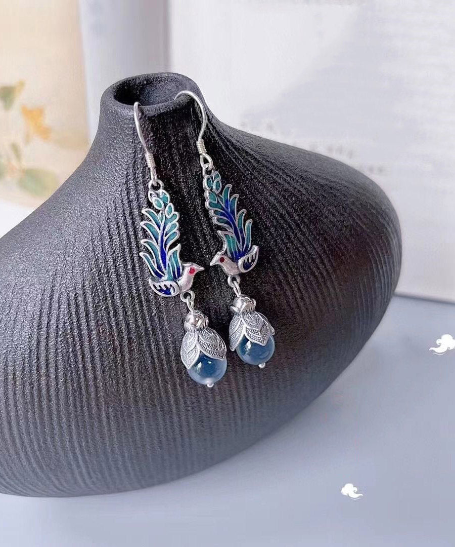 Women Blue Sterling Silver Cloisonne Enamel Phoenix Drop Earrings LY2312 - fabuloryshop