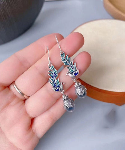 Women Blue Sterling Silver Cloisonne Enamel Phoenix Drop Earrings LY2312 - fabuloryshop