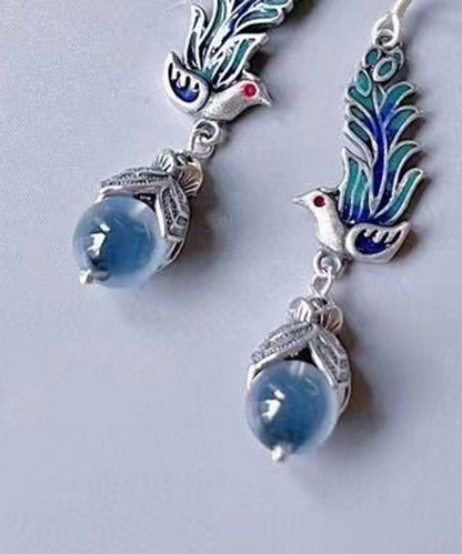 Women Blue Sterling Silver Cloisonne Enamel Phoenix Drop Earrings LY2312 - fabuloryshop