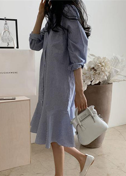 Women Blue Striped Peter Pan Collar Ruffles Cotton Shirt Dress Spring LY2624 - fabuloryshop