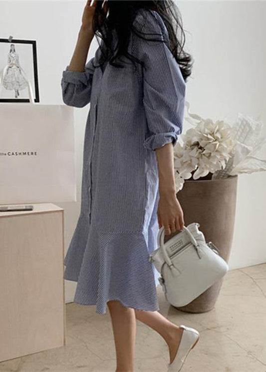 Women Blue Striped Peter Pan Collar Ruffles Cotton Shirt Dress Spring LY2624 - fabuloryshop