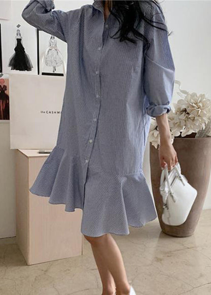 Women Blue Striped Peter Pan Collar Ruffles Cotton Shirt Dress Spring LY2624 - fabuloryshop