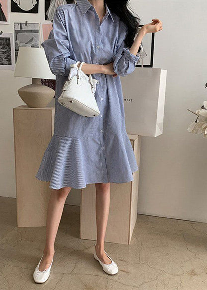 Women Blue Striped Peter Pan Collar Ruffles Cotton Shirt Dress Spring LY2624 - fabuloryshop