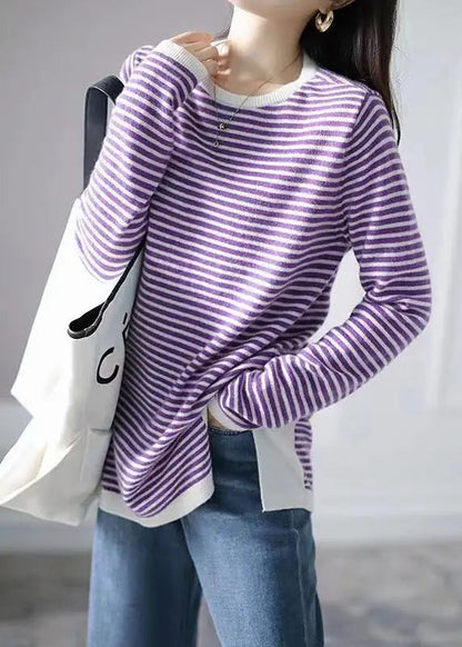 Women Blue Striped Side Open  Knitting Cotton Tops Fall Ada Fashion