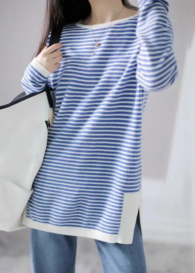 Women Blue Striped Side Open  Knitting Cotton Tops Fall Ada Fashion