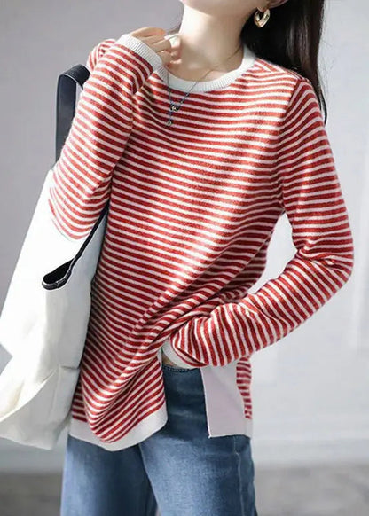 Women Blue Striped Side Open  Knitting Cotton Tops Fall Ada Fashion