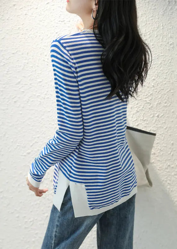 Women Blue Striped Side Open  Knitting Cotton Tops Fall Ada Fashion