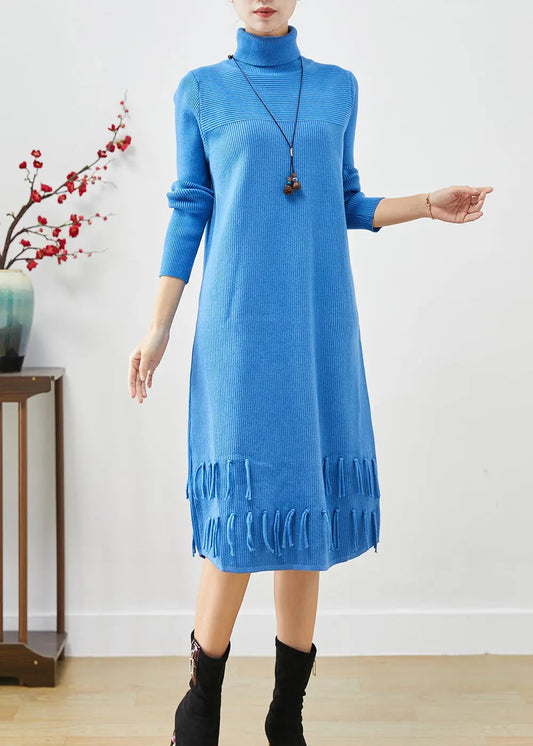 Women Blue Tasseled Patchwork Knit Long Dress Fall Ada Fashion