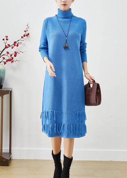 Women Blue Tasseled Patchwork Knit Long Dress Fall Ada Fashion