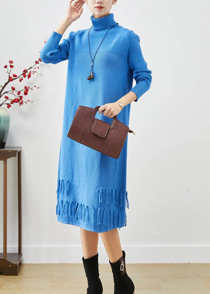 Women Blue Tasseled Patchwork Knit Long Dress Fall Ada Fashion