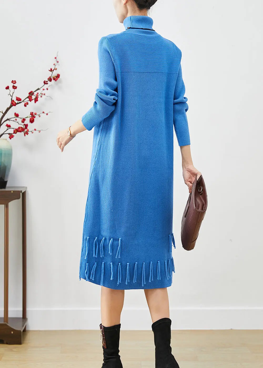 Women Blue Tasseled Patchwork Knit Long Dress Fall Ada Fashion