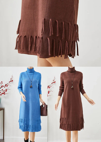 Women Blue Tasseled Patchwork Knit Long Dress Fall Ada Fashion