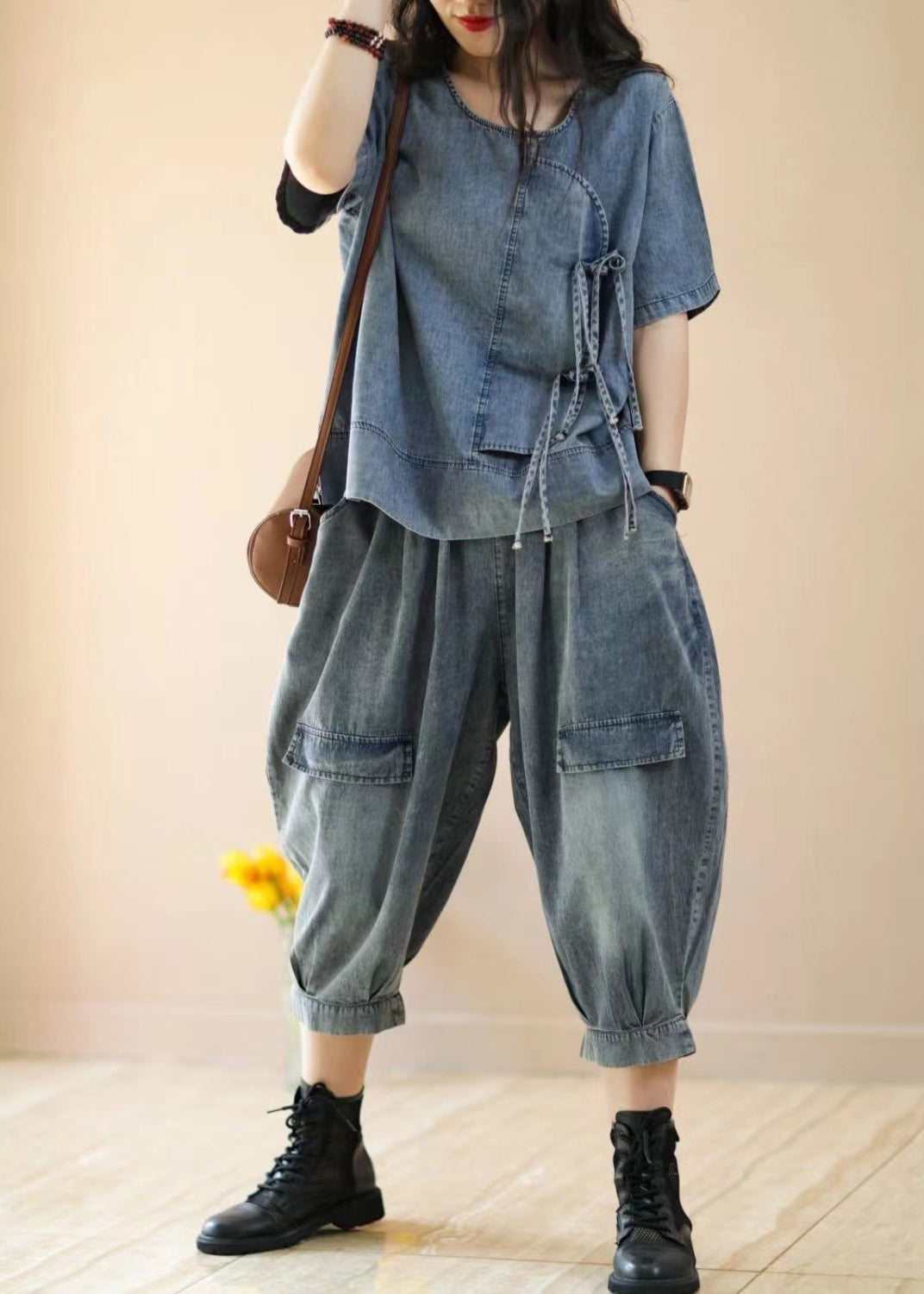 Women Blue Tops And Crop Pants Denim Two Piece Suit Set Summer Ada Fashion