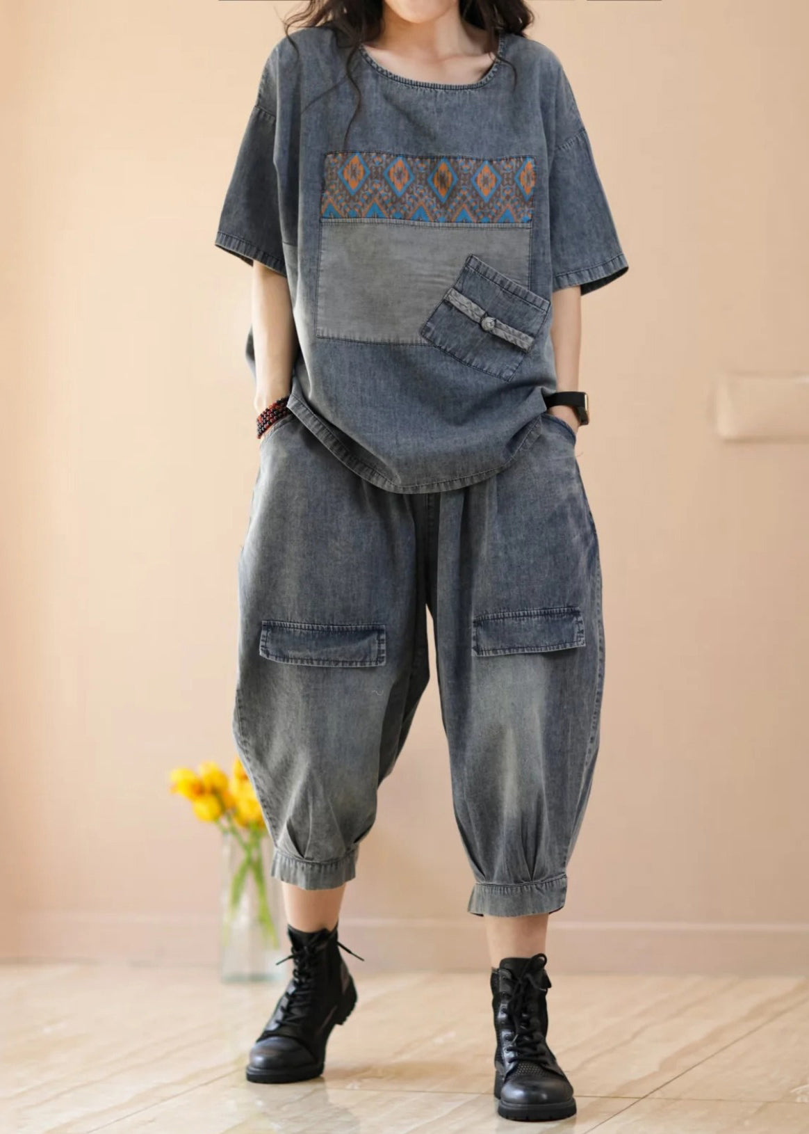 Women Blue Tops And Crop Pants Denim Two Piece Suit Set Summer Ada Fashion