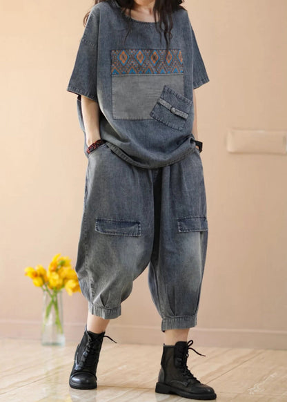 Women Blue Tops And Crop Pants Denim Two Piece Suit Set Summer Ada Fashion