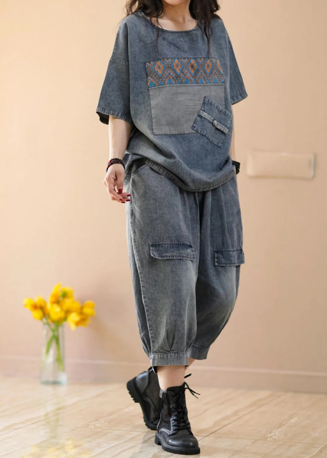 Women Blue Tops And Crop Pants Denim Two Piece Suit Set Summer Ada Fashion