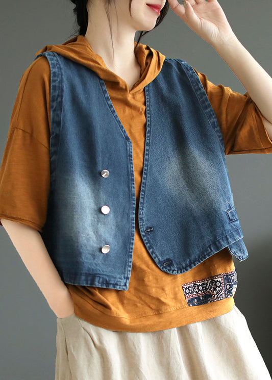 Women Blue V Neck Asymmetrical Denim Coats Sleeveless Ada Fashion