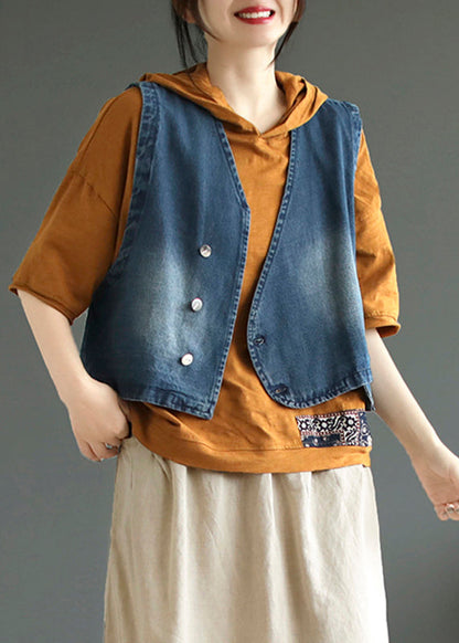 Women Blue V Neck Asymmetrical Denim Coats Sleeveless Ada Fashion