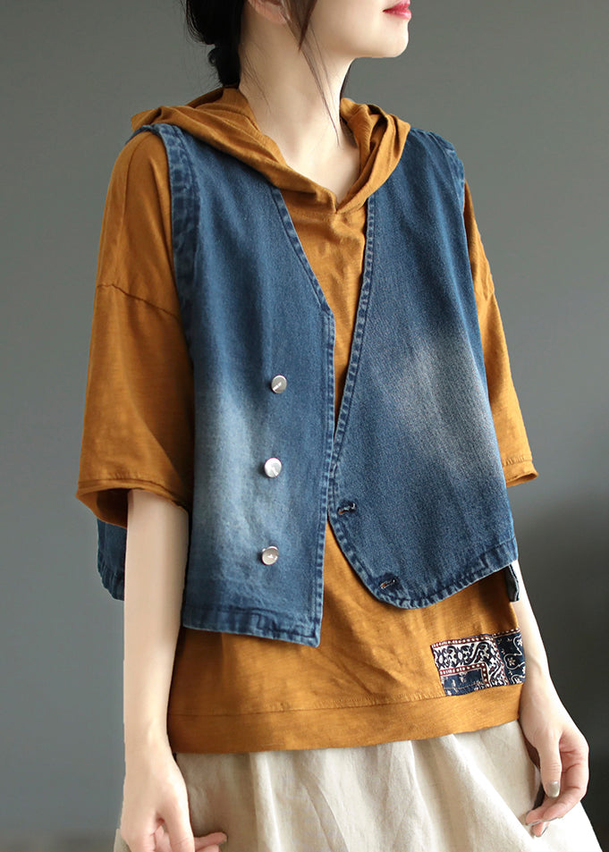 Women Blue V Neck Asymmetrical Denim Coats Sleeveless Ada Fashion