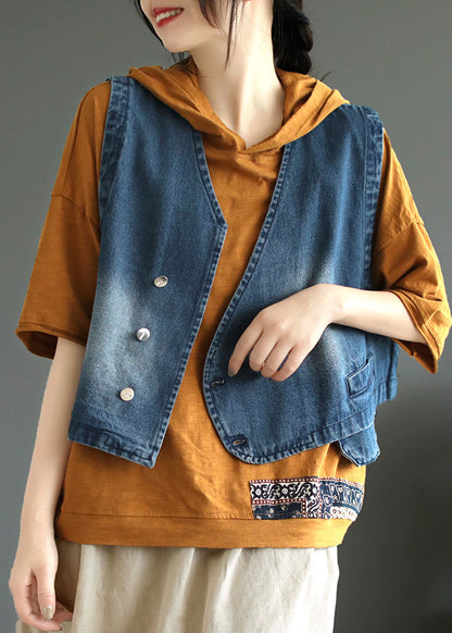 Women Blue V Neck Asymmetrical Denim Coats Sleeveless Ada Fashion