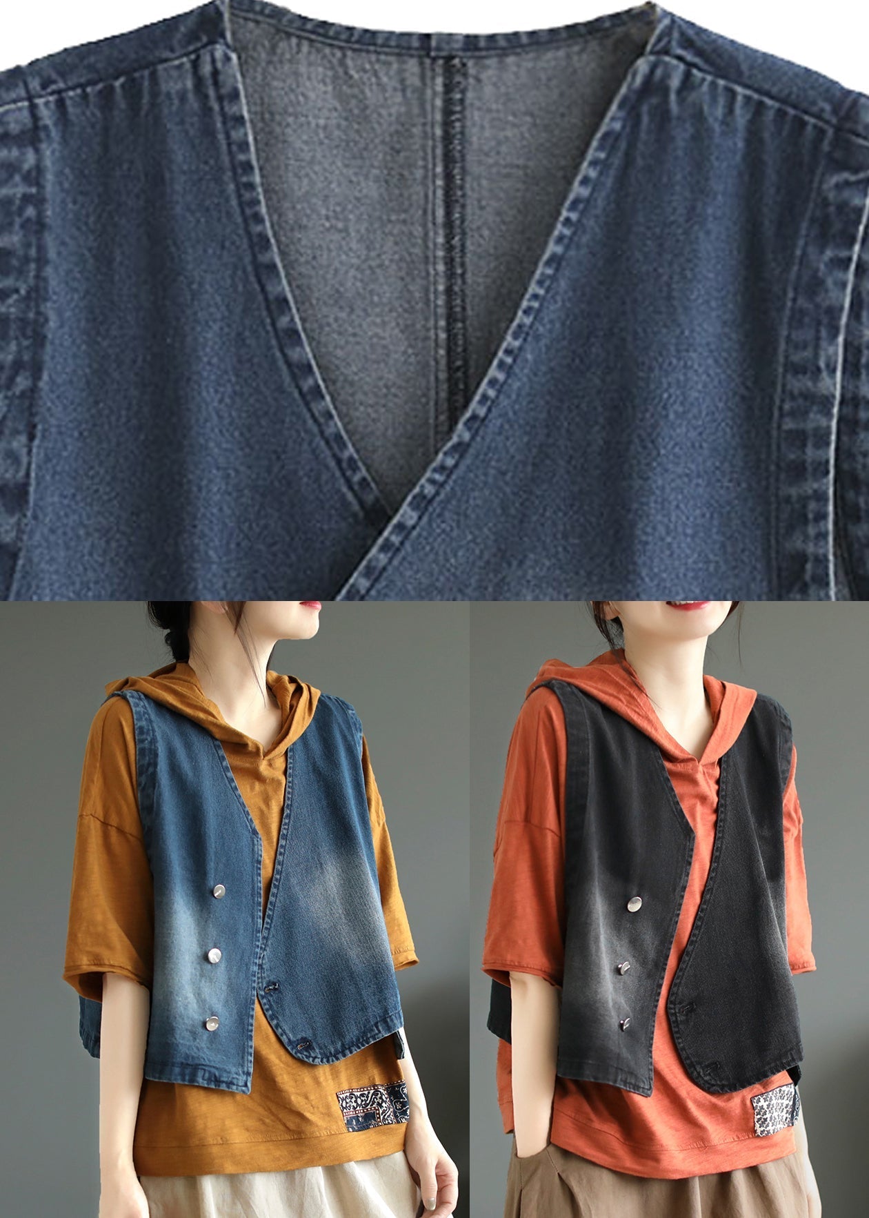 Women Blue V Neck Asymmetrical Denim Coats Sleeveless Ada Fashion