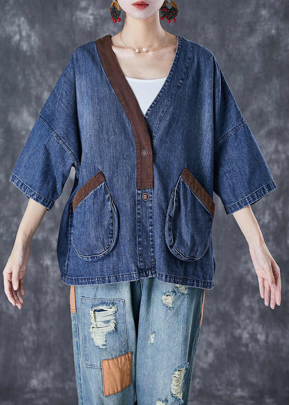 Women Blue V Neck Patchwork Pockets Denim Coats Summer TD1045 - fabuloryshop