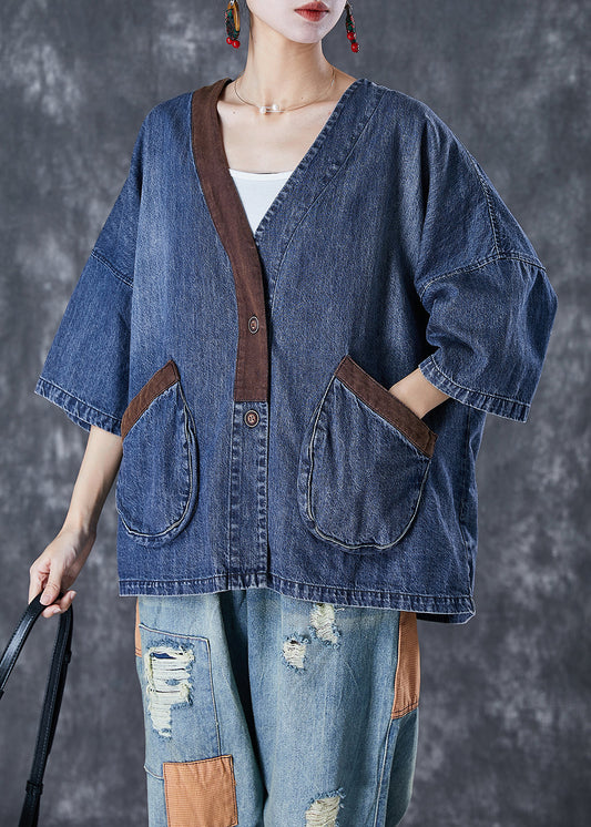 Women Blue V Neck Patchwork Pockets Denim Coats Summer TD1045 - fabuloryshop