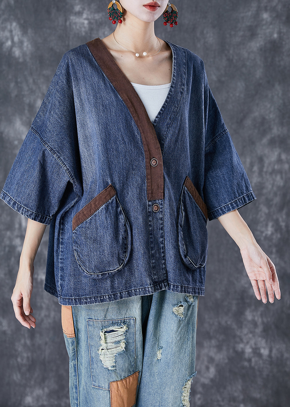 Women Blue V Neck Patchwork Pockets Denim Coats Summer TD1045 - fabuloryshop