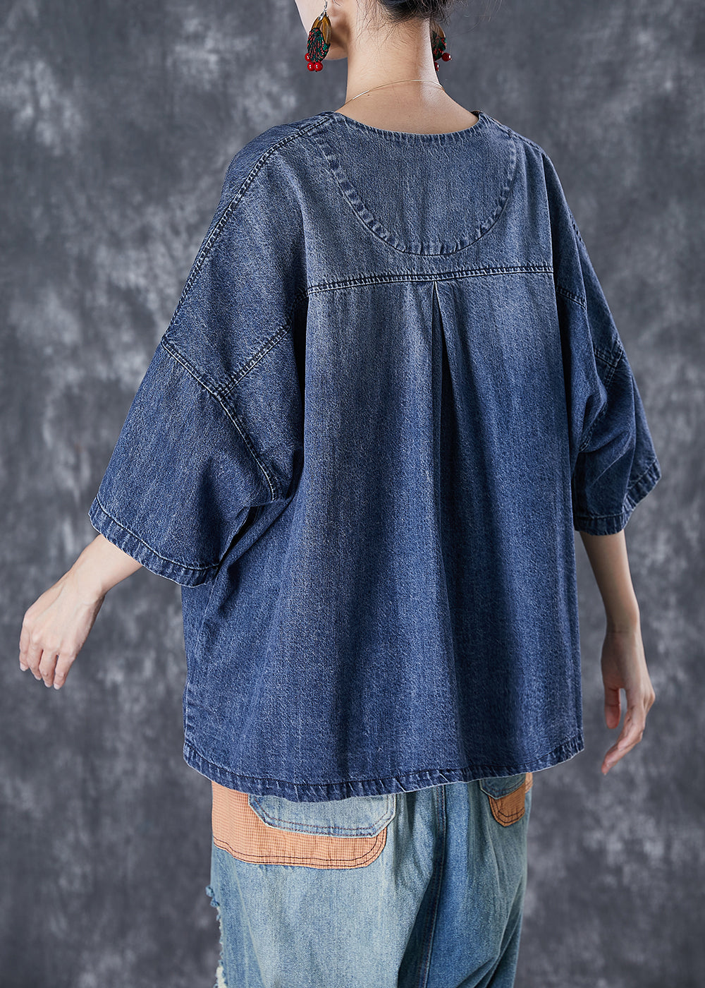 Women Blue V Neck Patchwork Pockets Denim Coats Summer TD1045 - fabuloryshop