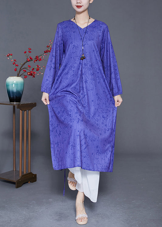 Women Blue V Neck Print Side Open Silk Cinched Dress Summer LY3643