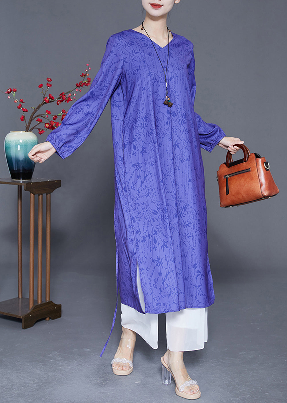 Women Blue V Neck Print Side Open Silk Cinched Dress Summer LY3643 - fabuloryshop