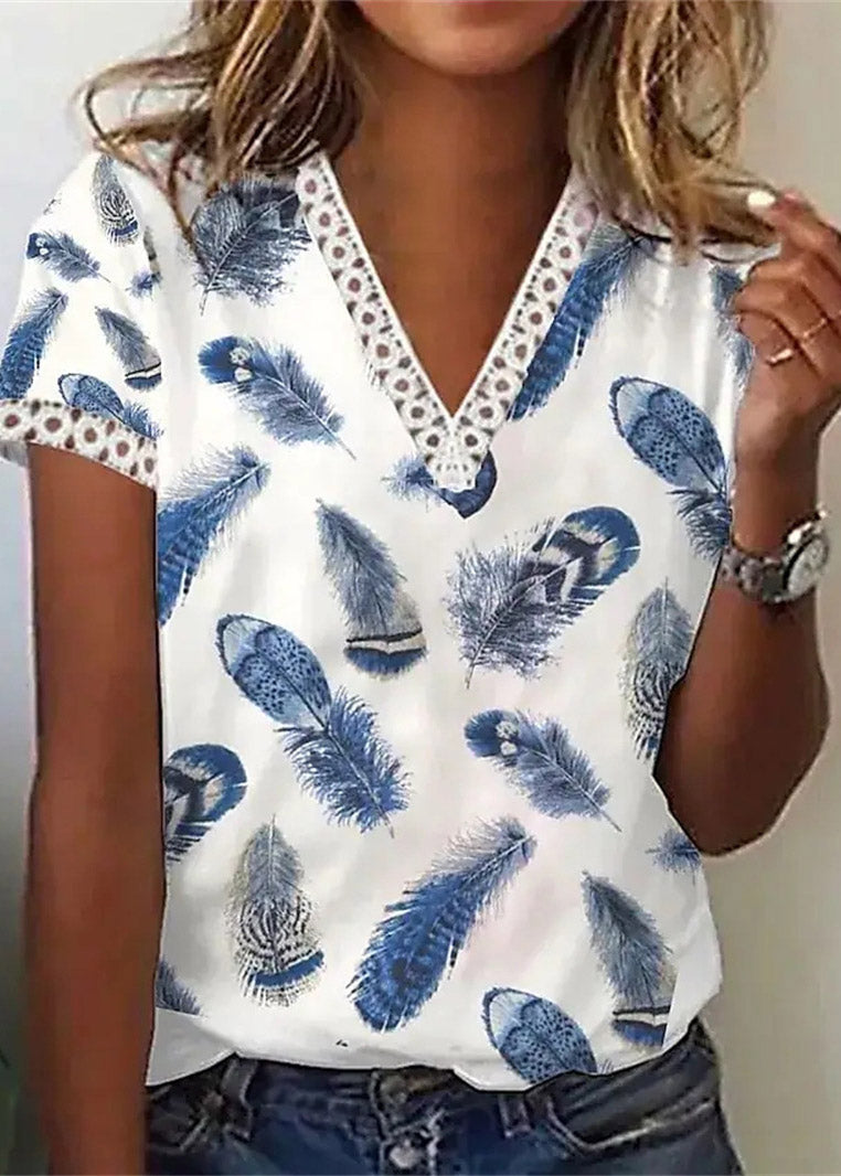 Women Blue V Neck Print Top Short Sleeve LY3887 - fabuloryshop