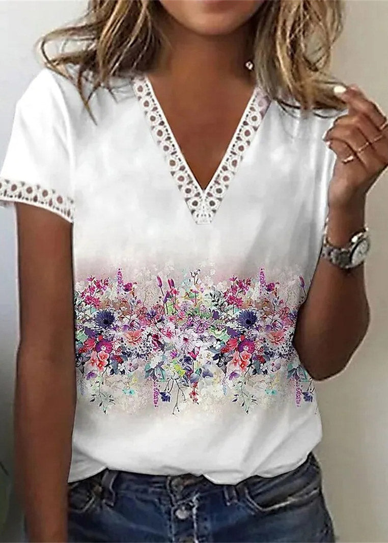 Women Blue V Neck Print Top Short Sleeve LY3887 - fabuloryshop