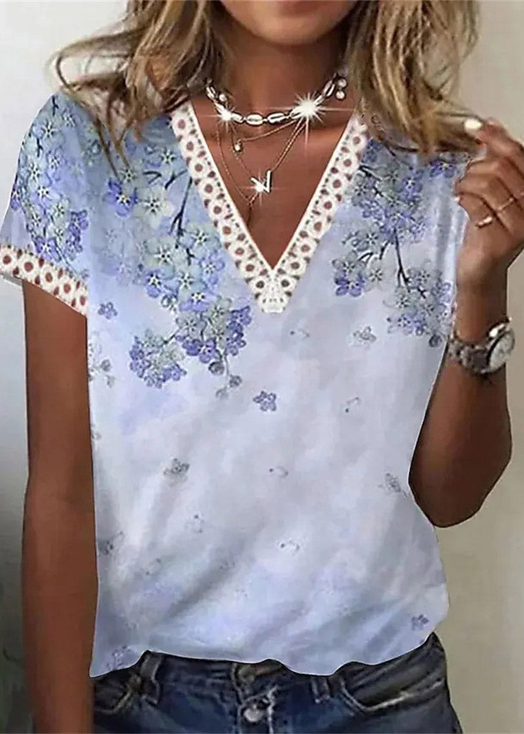 Women Blue V Neck Print Top Short Sleeve LY3887 - fabuloryshop