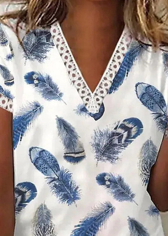 Women Blue V Neck Print Top Short Sleeve LY3887 - fabuloryshop