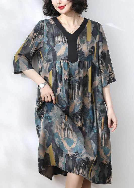 Women Blue V Neck Print Wrinkled Patchwork Silk Dress Summer TP1036 - fabuloryshop