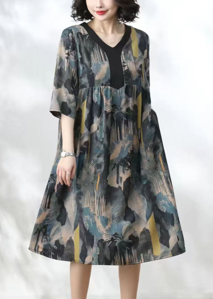 Women Blue V Neck Print Wrinkled Patchwork Silk Dress Summer TP1036 - fabuloryshop