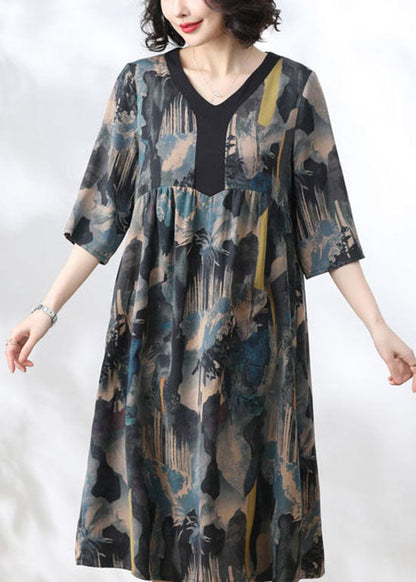 Women Blue V Neck Print Wrinkled Patchwork Silk Dress Summer TP1036 - fabuloryshop