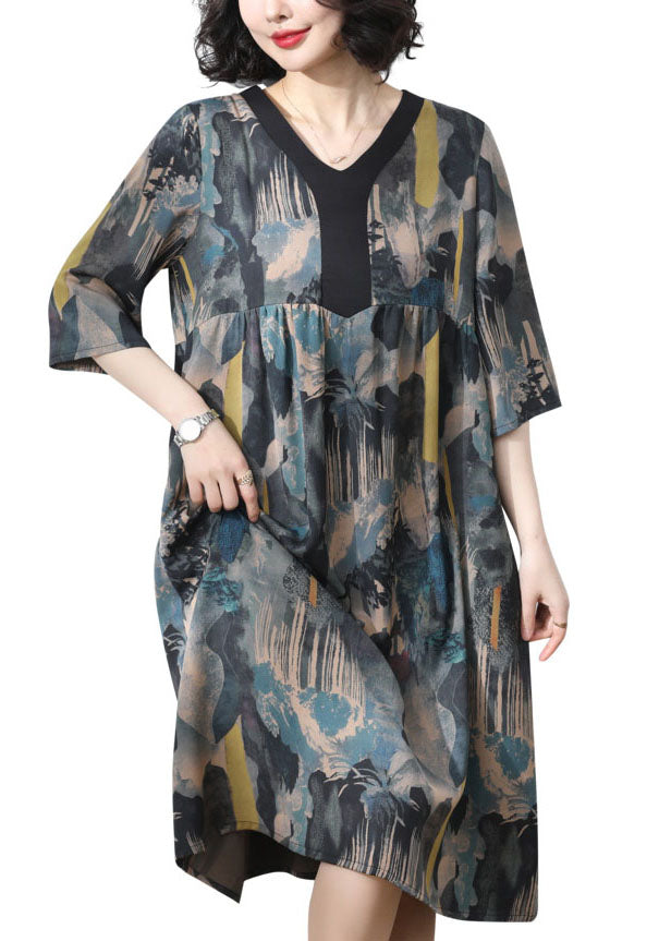 Women Blue V Neck Print Wrinkled Patchwork Silk Dress Summer TP1036 - fabuloryshop