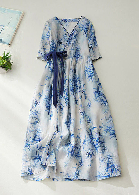 Women Blue V Neck Tie Waist Print Linen Cinched Dress Summer LY0914 - fabuloryshop