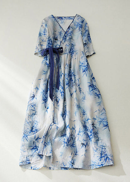 Women Blue V Neck Tie Waist Print Linen Cinched Dress Summer LY0914 - fabuloryshop