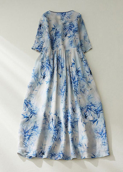 Women Blue V Neck Tie Waist Print Linen Cinched Dress Summer LY0914 - fabuloryshop