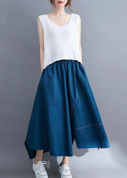 Women Blue Wrinkled Asymmetrical Patchwork Cotton Skirts Summer LY5649 - fabuloryshop