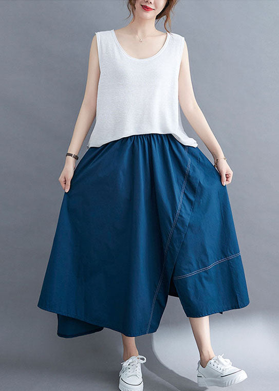 Women Blue Wrinkled Asymmetrical Patchwork Cotton Skirts Summer LY5649 - fabuloryshop