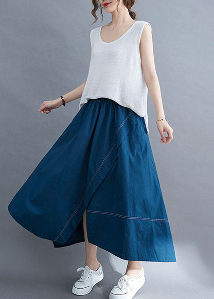 Women Blue Wrinkled Asymmetrical Patchwork Cotton Skirts Summer LY5649 - fabuloryshop