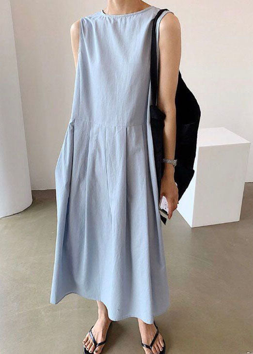 Women Blue Wrinkled Button Patchwork Wear On Both Sides Cotton Dresses Sleeveless LC0453 - fabuloryshop