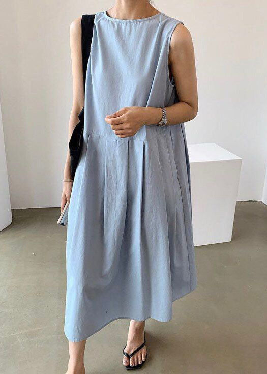 Women Blue Wrinkled Button Patchwork Wear On Both Sides Cotton Dresses Sleeveless LC0453 - fabuloryshop