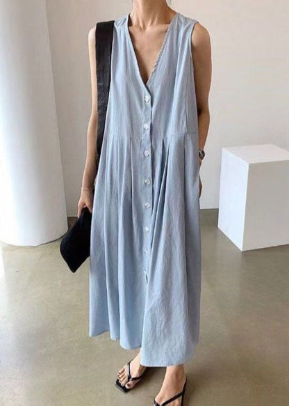 Women Blue Wrinkled Button Patchwork Wear On Both Sides Cotton Dresses Sleeveless LC0453 - fabuloryshop